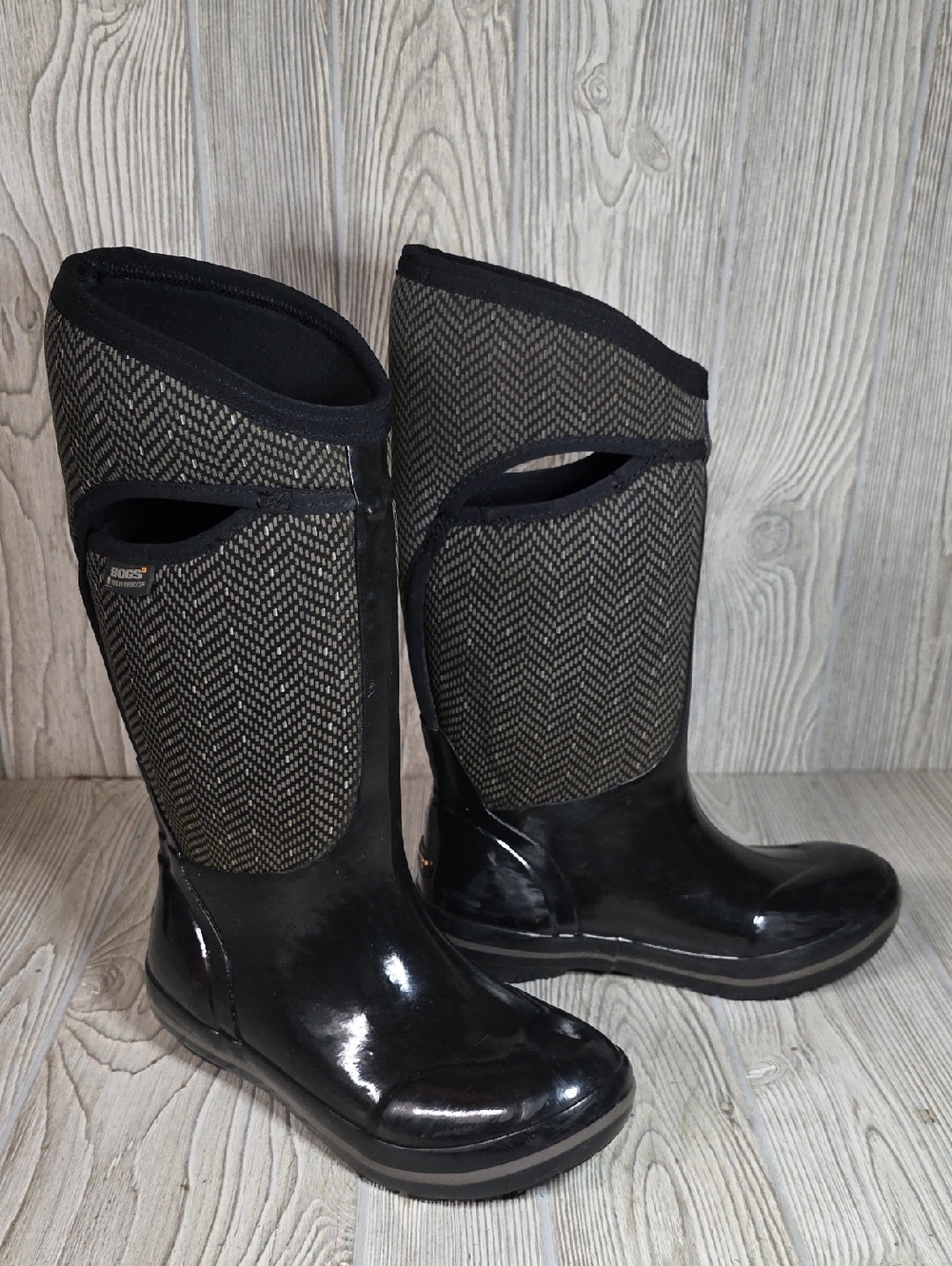 Bogs Plimsoll Herringbone Tall Waterproof Boots Black Grey Womens Size 7